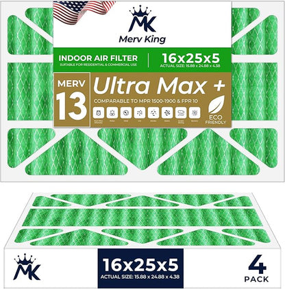 MervKing 16x25x5 Air Filter Actual Size: 15.88" x 24.88" x 4.38" MERV 13 MPR 1500-1900 | MADE IN USA | 4-Pack | Pleated HVAC AC Furnace Replacement