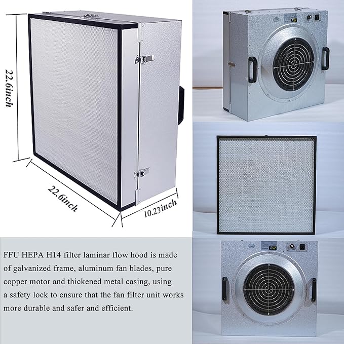 HEPA H14 Filtration Laminar Flow Hood（Include HEPA Filter）,FFU,Updated Fan Filter Unit, Laminar Air Flow Hood (22.6”x22.6”110V), 100/ISO Class 5 Cleanliness, for laboratories/clean rooms/Mushroom Room