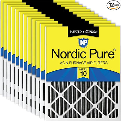 Nordic Pure 20x25x2 (Actual Size: 19 1/2 x 24 1/2 x 1 3/4) Furnace Air Filters MERV 10 Pleated Plus Carbon 12 Pack