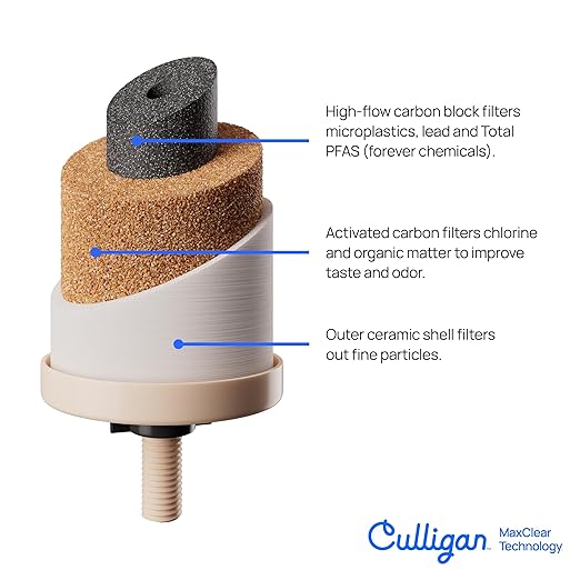 Culligan MaxClear 3 Gallon Gravity Water Filter System, Brushed Stainless-Steel Countertop Water Filter NSF/ANSI Certified to Reduce Microplastics, Lead & Total PFAS, with 2 Ceramic Filters