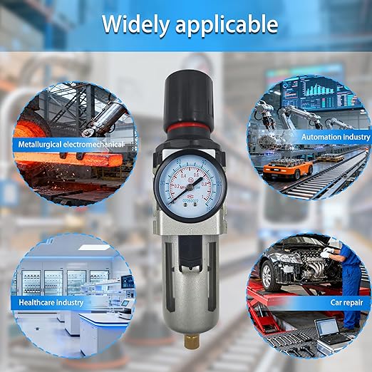 HengMinLingTong 3/8" NPT Compressed Air Filter Regulator Combo Piggyback, 5 Micron Brass Element, Poly Bowl, Semi-Auto Drain, Metal Bracket, 0-150 psi AW3000-03