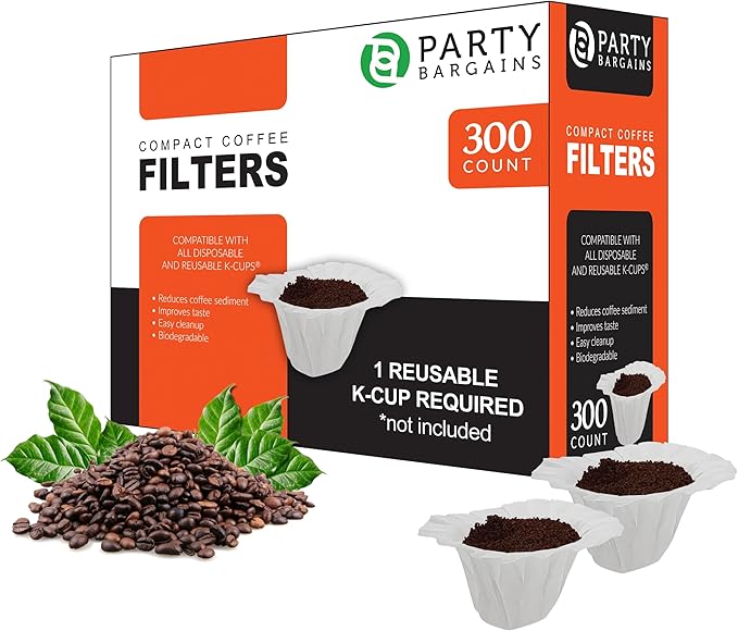 PARTY BARGAINS 300 Compact White Coffee Filter Liners – Disposable, Compatible with Keurig Brewers & K-Cup Reusable Pods, Single-Serve Paper Filters
