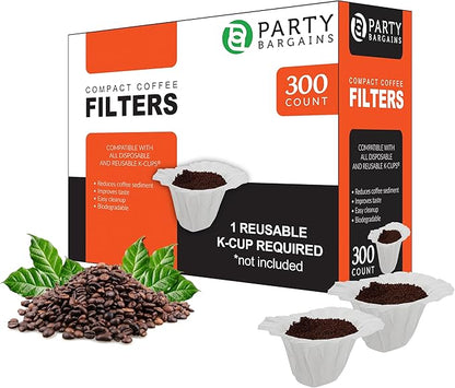 PARTY BARGAINS 300 Compact White Coffee Filter Liners – Disposable, Compatible with Keurig Brewers & K-Cup Reusable Pods, Single-Serve Paper Filters