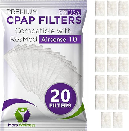 CPAP Filters Disposable Felt Pollen air Filter 20 Pack Compatible with ResMed Airsense 10, Aircurve 10, S9 Series - Made in The USA - Universal CPAP Filter Supplies - Machines - by Mars Wellness