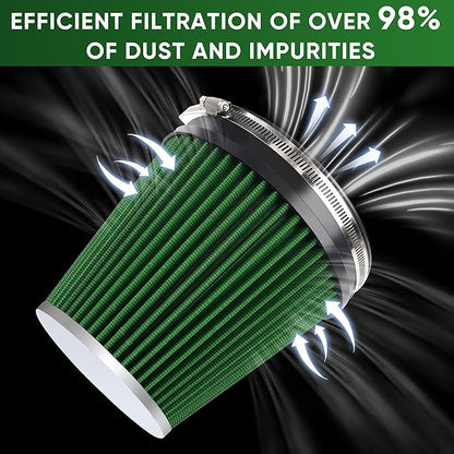 6" 152mm Cold Air Intake Filter Clamp-On Replacement High Flow Inlet Air Filter High Performance Washable Cone Filter 7" Tall Green