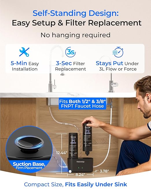 Waterdrop DLG-P Under Sink Water Filter System, Reduces PFAS Chlorine Chloramine Fluoride Odor, 2 Stage Under Sink Water Filtration System with Dedicated Faucet, 2-Outlet Filter, Life Indicator