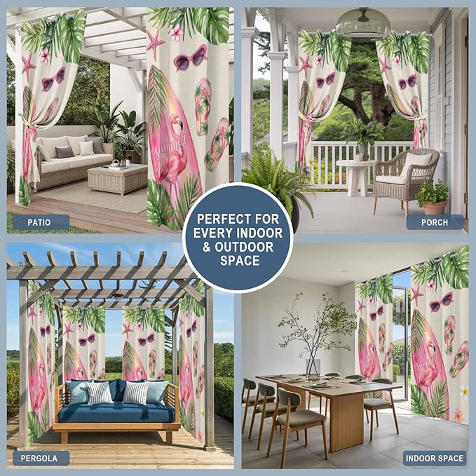 Summer Flamingbirds Outdoor Curtains for Patio Palm Leaves Plumeria Linen Waterproof Outside Curtains with Grommet Top Weatherproof Curtain for Cabana Pergola Gazebo, 2 Pack, 54" W x 95" L
