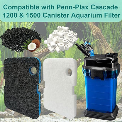 18 Pack Filter Media Compatible with Penn-Plax Cascade 1200 & 1500 CCF4UL/CCF5UL Canister Aquarium Filters, Includes Bio Sponge Filters, White Floss Pads, Activated Carbons, Ceramic Rings & Mesh Bags