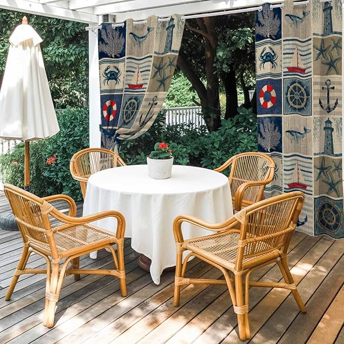 Oceans Outdoor Curtains for Patio Shell Starfish Whales Summer Vintage Waterproof Outside Curtains with Grommet Top Weatherproof Curtain for Cabana Pergola Gazebo, 1 Panel, 54" W x 95" L