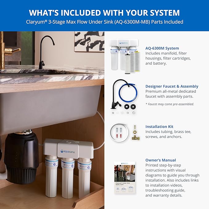 Aquasana Under Sink Water Filter | Certified 3-Stage Max Flow Filtration | Reduces up to 99.99% of PFAS, Lead, Chlorine, & More | Under Counter Drinking Water Filter | Matte Black Faucet | AQ-6300M-MB