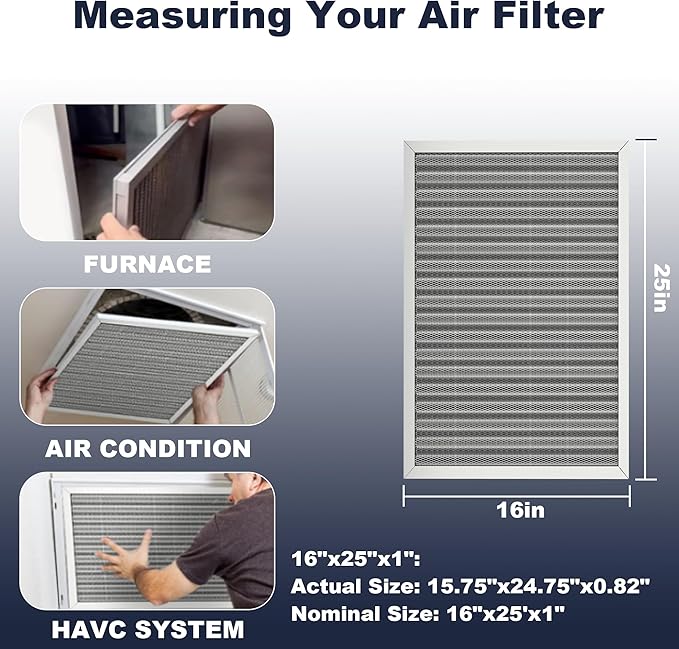 16x25x1 Reusable Air Filter, Electrostatic, Washable Lasts a Lifetime, Breathe Fresher Air in Home and Office HVAC AC Furnace Systems, Merv 8 (Actual Size: 15.5x24.65x0.82 Inch)