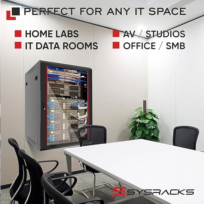 Sysracks 15U Wall Mount Server Rack Cabinet, 19” Locking Network Rack, 24” Deep, Glass Door, with Fan, PDU and Shelf