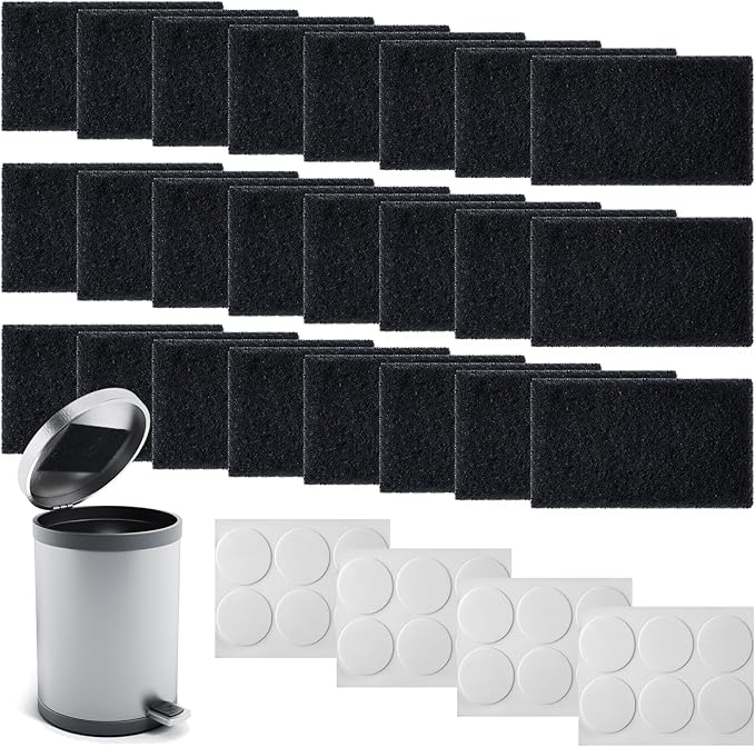 Timgle 24 Pcs Universal Trash Can Deodorizer Trash Bag Odor Absorbing Filters with 24 Double Sided Nano Glues Charcoal Deodorizer for Compost Buckets Countertop Garbage Bins