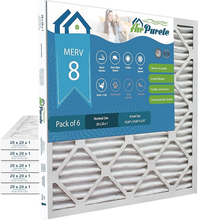 20x20x1 Air Filters | AirPurete AP-3M20201 HVAC AC Furnace Air Filters | Actual Size: 19.50" x 19.50" x 0.75" | MERV 8, MPR 600 (Pack of 6)