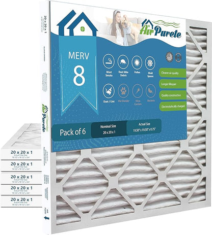 20x20x1 Air Filters | AirPurete AP-3M20201 HVAC AC Furnace Air Filters | Actual Size: 19.50" x 19.50" x 0.75" | MERV 8, MPR 600 (Pack of 6)