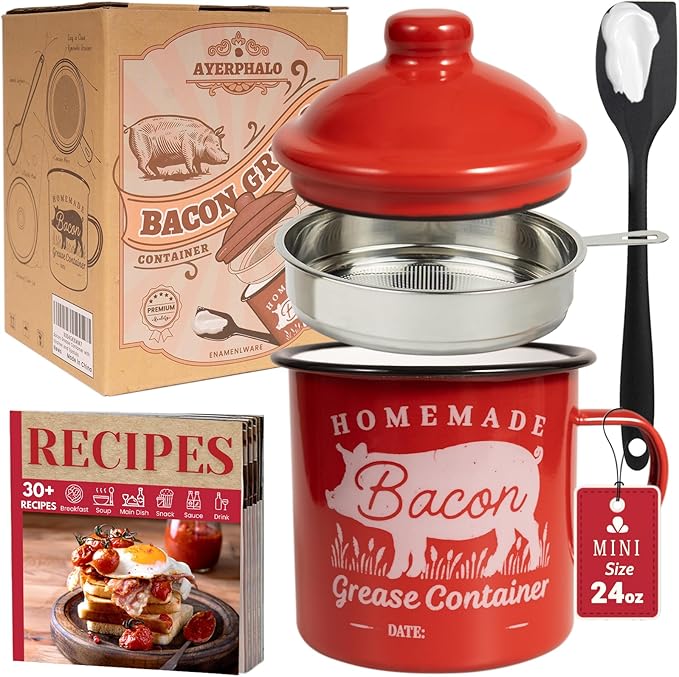 Bacon Grease Container with Strainer - With Food-Grade Silicone Spatula, 24oz Enamel Rustic Farmhouse Fat Container, Keeper, Recipes, Dishwasher Safe