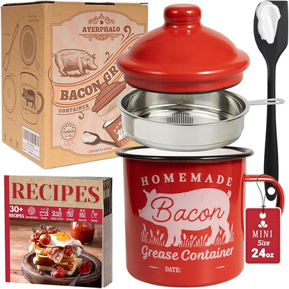 Bacon Grease Container with Strainer - With Food-Grade Silicone Spatula, 24oz Enamel Rustic Farmhouse Fat Container, Keeper, Recipes, Dishwasher Safe