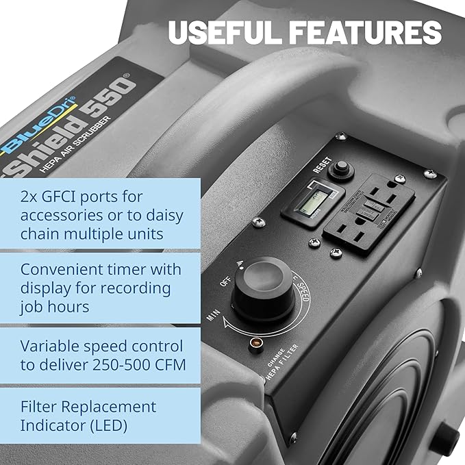 BlueDri Air Shield 550 HEPA Air Scrubber, Water Damage Restoration Equipment Air Purifier, Covers 1400 Sq. Ft, Daisy Chain Capable, For Commercial Use, Gray, BD-AS-550