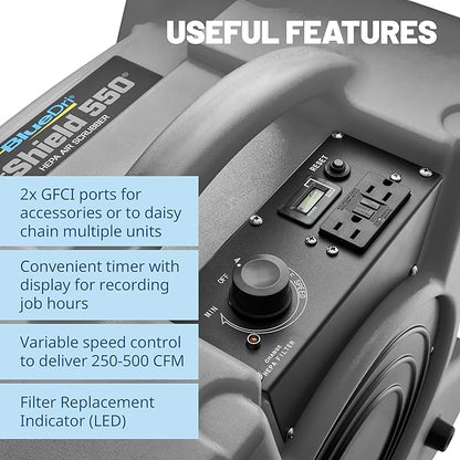BlueDri Air Shield 550 HEPA Air Scrubber, Water Damage Restoration Equipment Air Purifier, Covers 1400 Sq. Ft, Daisy Chain Capable, For Commercial Use, Gray, BD-AS-550