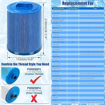 6CH-940 Spa Filter Replaces PWW50P3 Replacement Filter Filbur FC-0359, Aber Hot Tubs 03FIL1400, Waterway 817-0050 PWW50-Certified with NSF50 for Material Safety, 50 Sq.ft 2Pack