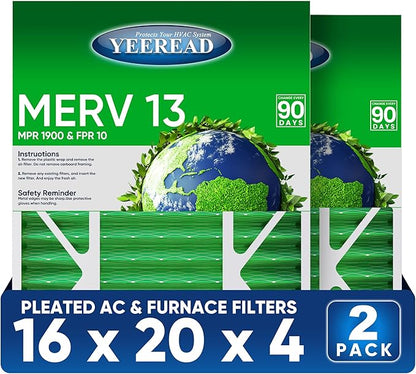 16x20x4 MERV 13 Air Filters, 2-Pack, Actual Size: 15.88” x 19.88” x 4.31”, Pleated Design with Enhanced Filter Media for Superior Filtration,Perfect for HVAC, AC & Furnace Systems