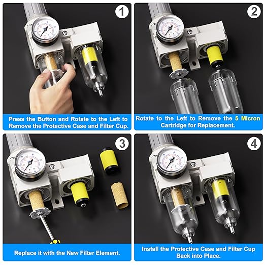 TAILONZ PNEUMATIC 0-150PSI 1/4 Inch NPT Particulate Filter+Coalescing Filter Air Filter Pressure Regulator Combo Piggyback, Air Tool Compressor Filter (Semi-Auto Drainage）