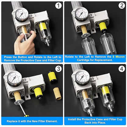 TAILONZ PNEUMATIC 0-150PSI 1/4 Inch NPT Particulate Filter+Coalescing Filter Air Filter Pressure Regulator Combo Piggyback, Air Tool Compressor Filter (Semi-Auto Drainage）