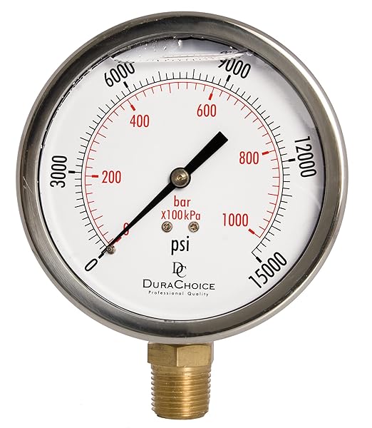 4" Oil Filled Pressure Gauge - Stainless Steel Case, Brass, 1/2" NPT, Lower Mount Connection, 0-15,000PSI