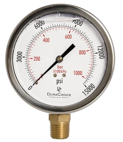 4" Oil Filled Pressure Gauge - Stainless Steel Case, Brass, 1/2" NPT, Lower Mount Connection, 0-15,000PSI