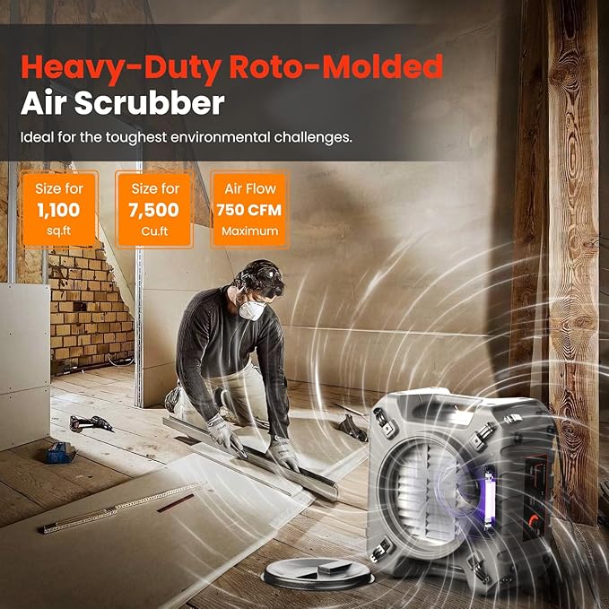 Abestorm Commercial Air Scrubbers for Home, 750 CFM HEPA Air Scrubber with UV-C Light 4-Stage Filtration, Negative Air Machine for Damage Restoration, Stackable, S1