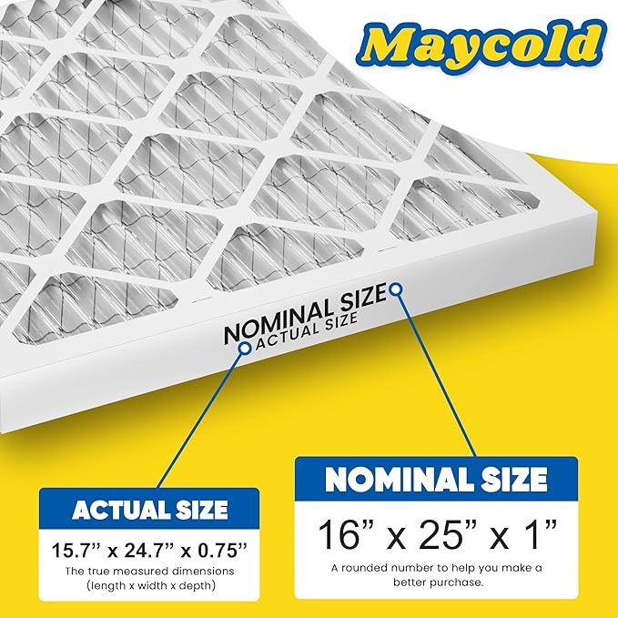 Maycold MERV 8 16x25x1 (15.70” x 24.70” x 0.75”) Furnace Air Filters (6-Pack), Pleated HVAC AC Filters, For Residential or Office Use, Individually Wrapped in Plastic