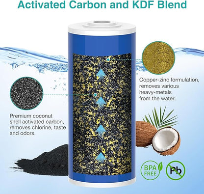 SimPure Whole House Water Filter Cartridges 10" x 4.5" GAC/KDF Carbon and Heavy Metal Filter, for DB10C-2KDF, DB10P, WGB21B-KS, FG15B-KS, GE FXHTC, GXWH40L, 6 Pack