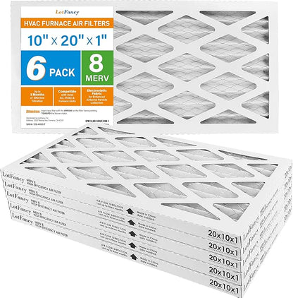 LotFancy 10x20x1 Air Filter MERV 8 6-Pack, Electrostatic Pleated Furnace & AC Filter, Captures Dust, Pet Hair, Pollen, Actual Size: 9.75"x19.75"x0.75"