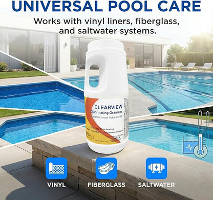 ClearView Chlorine Granules 2.2 Lbs for Swimming Pools, Pool Chlorine Shock Granular Sanitizer for Spas, Fast Dissolving Chlorinating Granules for Hot Tubs