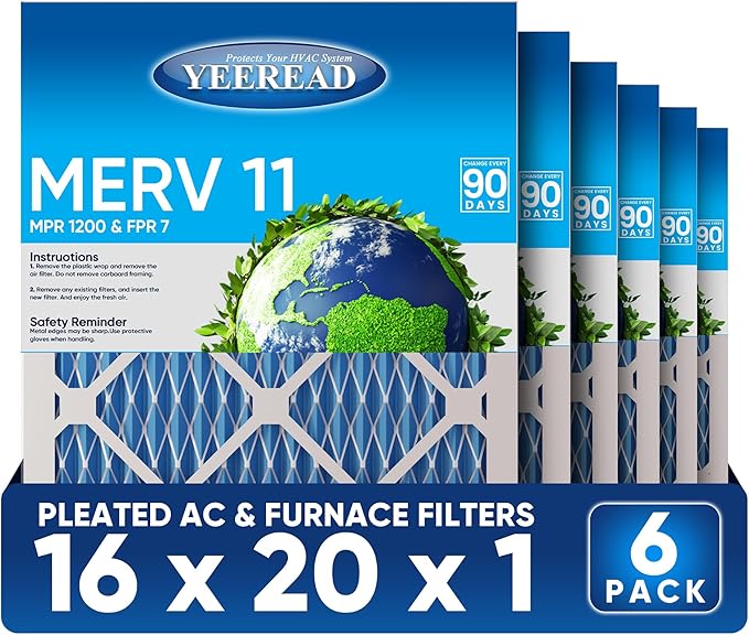 16x20x1 Air Filter, MERV 11, 6-Pack | Actual Size 15.7x19.7x0.75 |Compatible with HVAC, Air Conditioners & Furnaces– High Particle Capture & Smooth Airflow
