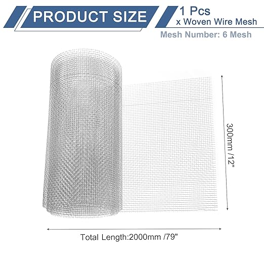 uxcell 6 Mesh 79" x 12" Woven Wire Mesh, 304 Stainless Steel Air Vent Filter Screen, Window Screen Mesh for DIY Projects Vents Cover Filtration Animals Fence