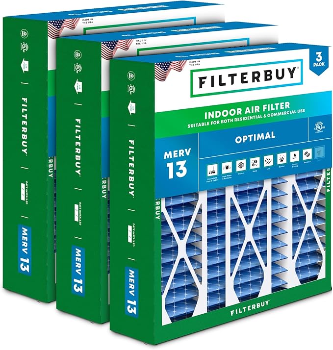 Filterbuy 20x25.25x3.5 Air Filter MERV 13 Optimal Smoke & Allergy Defense (3-Pack), Pleated HVAC AC Furnace Filters for AprilAire Space-Gard 102 & 2120 (Actual Size: 19.94 x 25.38 x 3.75)