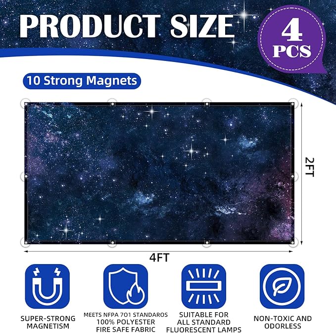 4 Pcs Fluorescent Light Covers - Classroom, Office 4 x 2 Feet Flame Retardant Magnetic Covers for Ceiling Lights Filters (Starry Sky)