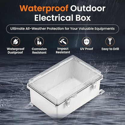 QILIPSU Waterproof Junction Box IP67 Outdoor Plastic Electrical Project Enclosure Weatherproof with Mounting Plate, Wall Brackets, Hinged Clear Cover 11.2"x7.7"x5.1" CC
