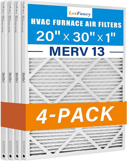 LotFancy 20x30x1 Air Filter MERV 13 4-Pack, Electrostatic Pleated HVAC Furnace Air Filter, Captures Pet Dander Smog Smoke, Actual Size: 19.75"x29.75"x0.75"