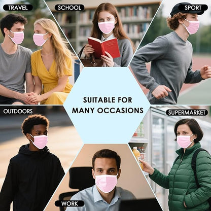 NNPCBT Pink Disposable Face Masks 100 Pack,3-Ply Breathable Mask For Adults,Great For Outdoors,Home, Office, School