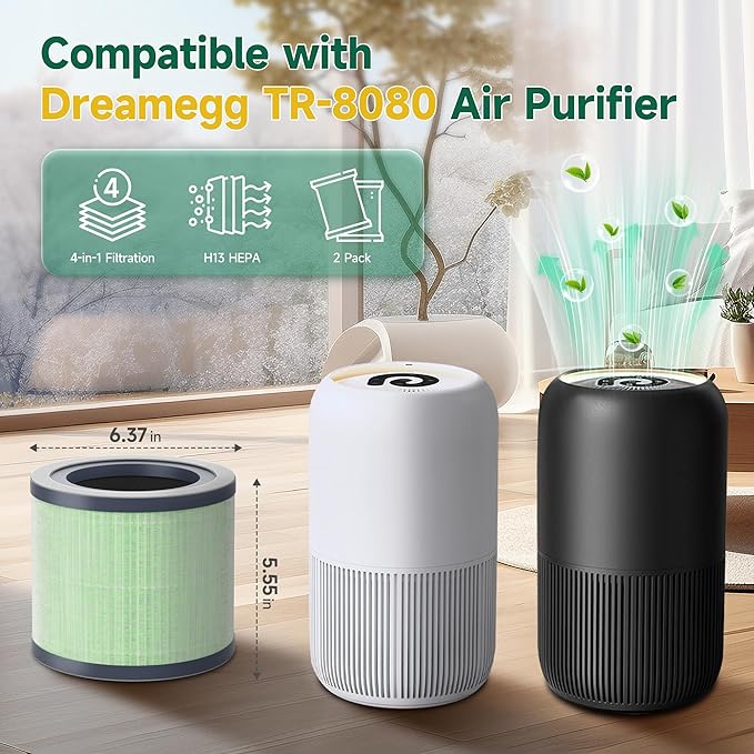 SAKEGDY TR-8080 Replacement Filter Compatible with Dreamegg TR-8080 Air Clean Purifier, Part No# RF001, 4-IN-1 Filtration with True HEPA Filter, 2 Pack