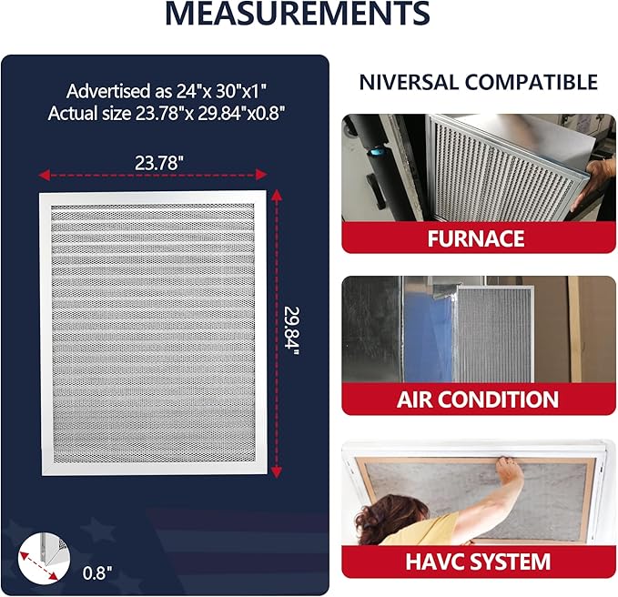 MERV 8 24x30x1 Lifetime Air Filter, Washable Electrostatic Aluminum AC/HVAC Furnace Filter, Reusable Permanent Air Filter,Easy to Clean, Healthier Home or Office(Actual Size:23.75x29.5x0.86）