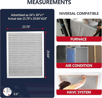 MERV 8 24x30x1 Lifetime Air Filter, Washable Electrostatic Aluminum AC/HVAC Furnace Filter, Reusable Permanent Air Filter,Easy to Clean, Healthier Home or Office(Actual Size:23.75x29.5x0.86）