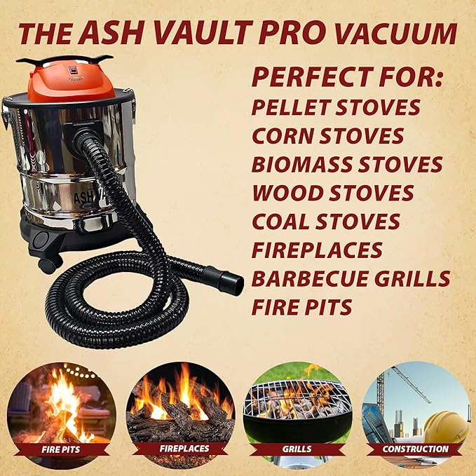 Pellethead Ash Vault Pro | 10-Amp Ash Vacuum for Fireplaces, Pellet Stoves & BBQs – 5-Gal Capacity, Dual HEPA, Heat-Resistant Hose, Steel Tank