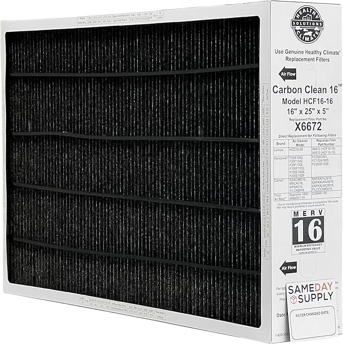 Lennox Healthy Climate Lennox X6672 16x25x5 Healthy Climate Carbon-Clean MERV 16 Filter Bundle with Same Day Supply Filter Change Reminder