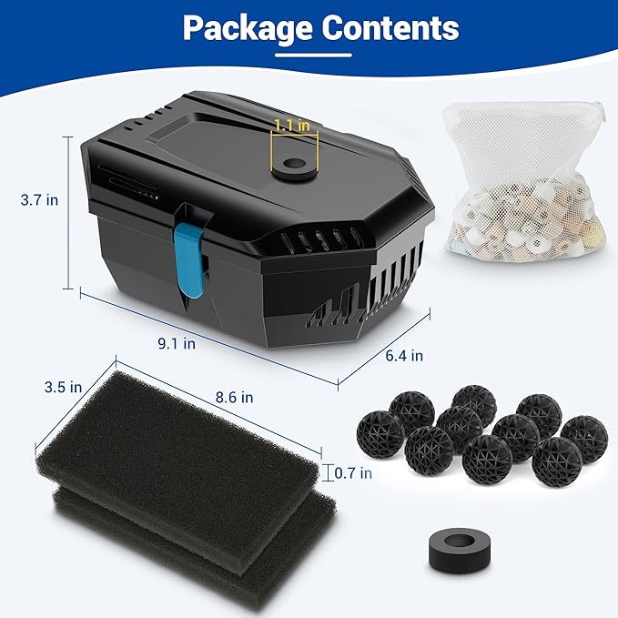 NFESOLAR Small Pond Filter for Outdoor Ponds Fish Tank 50-600 Gallon, Filter Box Protect Submersible Pump with Filter Pads, Bio-Balls and Ceramic Filter Rings N9200