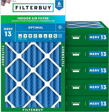 Filterbuy 14x25x4 Air Filter MERV 13 Optimal Smoke & Allergy Defense (6-Pack), Electrostatic Pleated HVAC AC Furnace Filters Replacement, Made in USA (Actual Size: 13.88 x 24.88 x 3.63)