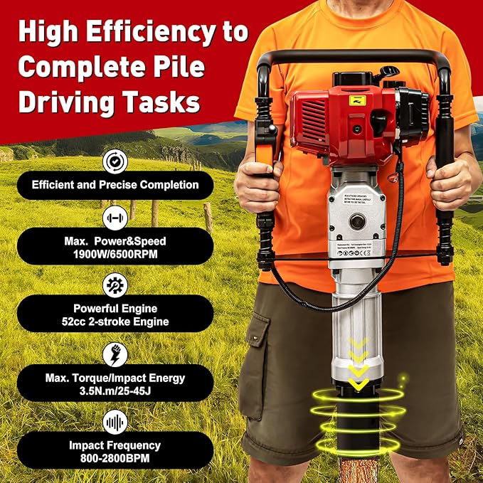 Gas Powered T-Post Driver, 1900W 52CC T Post Pounder Driver Heavy Duty Gasoline, 2-Stroke Fence Farm Push Pile Gasoline Engine Kit for Fence Post Construction Site