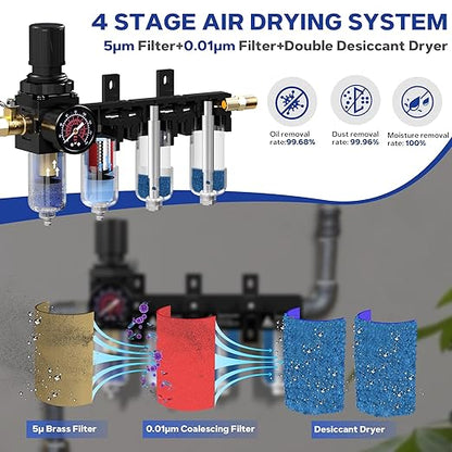 1/4" NPT 4 Stage Air Compressor Dryer System,Air Drying System Brass Filter&Coalescing Filter,Double Desiccant Dryers & Air Regulator, Semi-Auto Drain(Black)